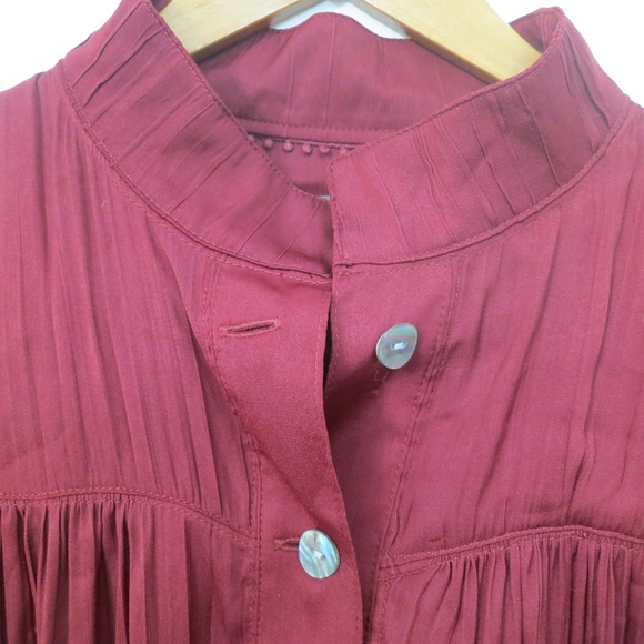 ANTHROPOLOGIE Relaxed Shimmer Satin Blouse Dark Cherry Henley Button Up Small - Picture 9 of 16